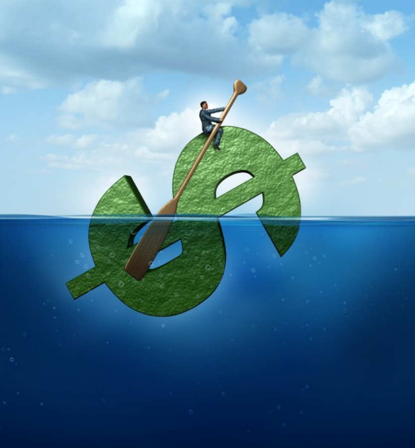 A person is paddling in the water with a dollar sign.