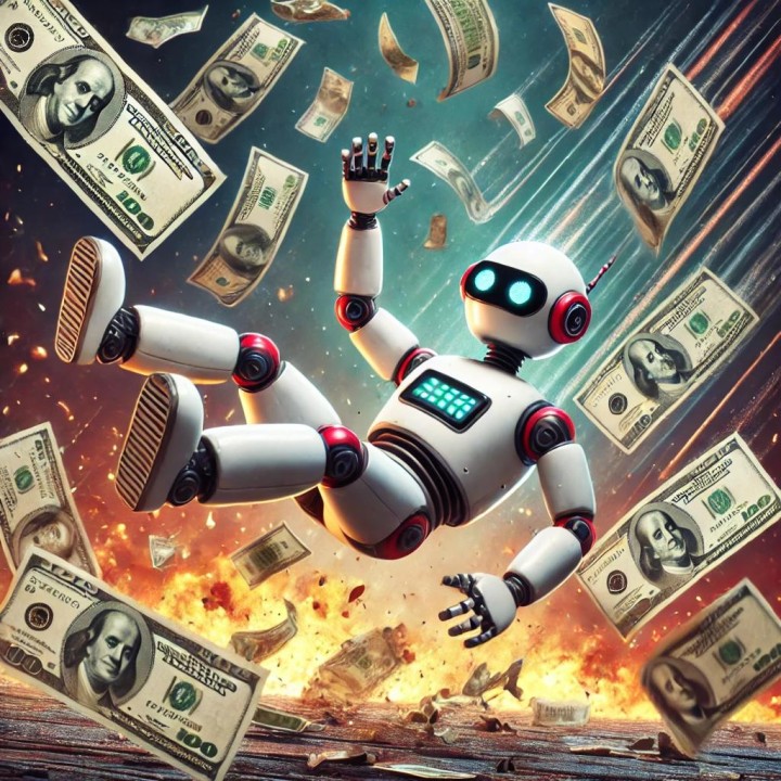 A robot falling down over money.