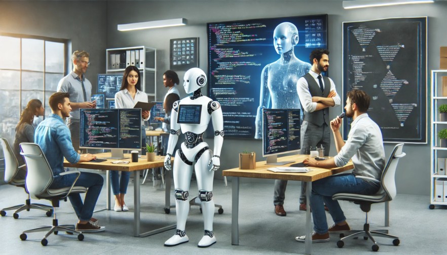 A group of people in an office with computers.