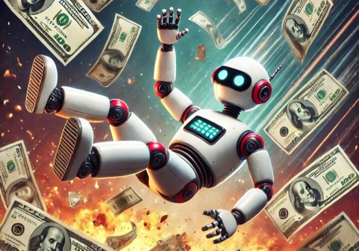 A robot falling down over money.