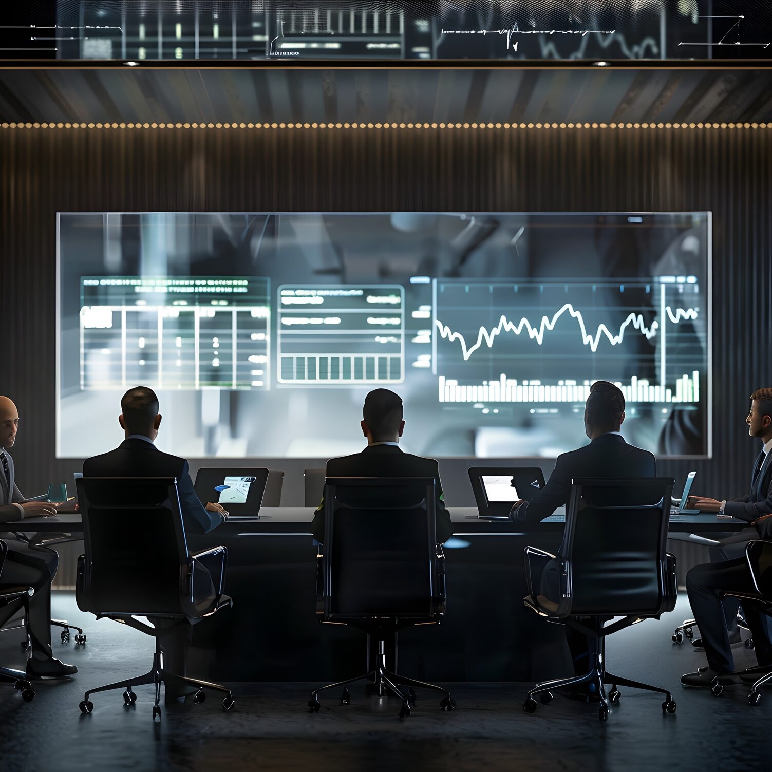 A group of people sitting around tables in front of a large screen.