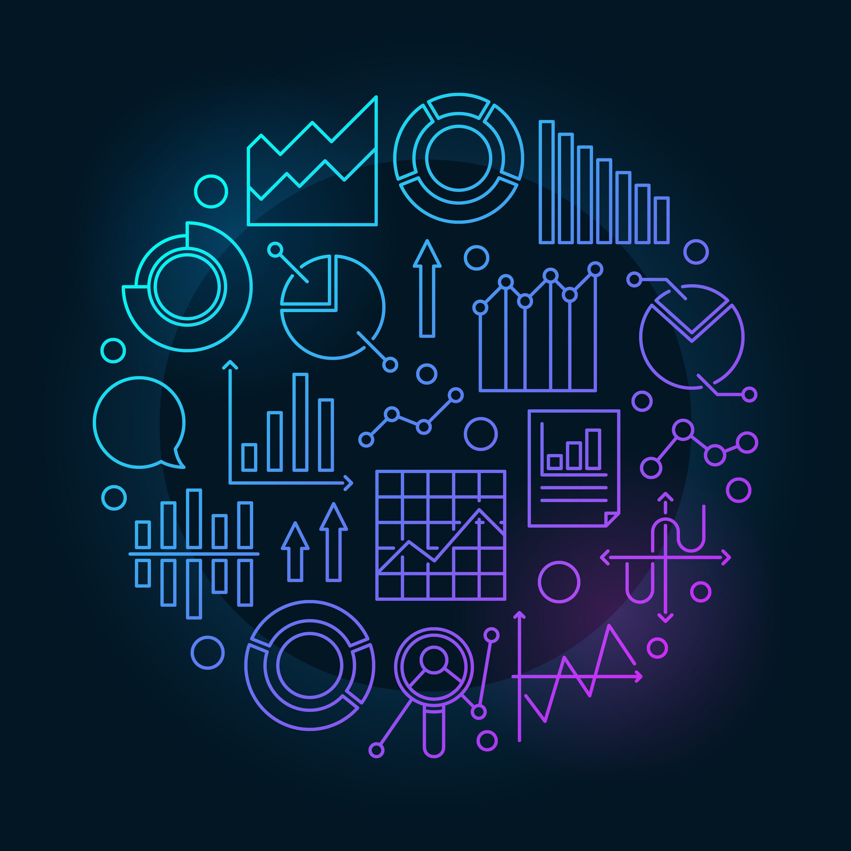 A circular illustration of various graphs and data.