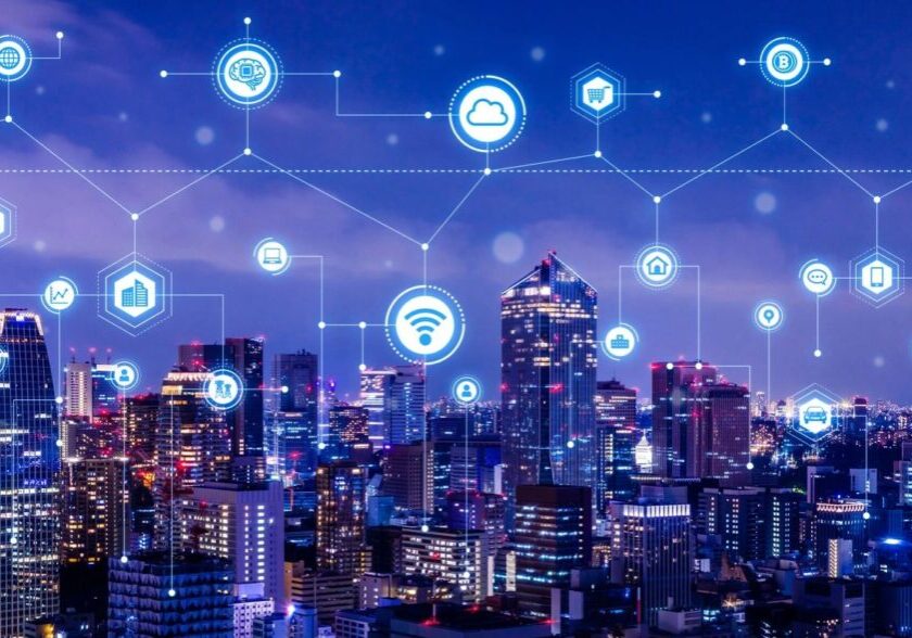 A city skyline with many connected devices on it.