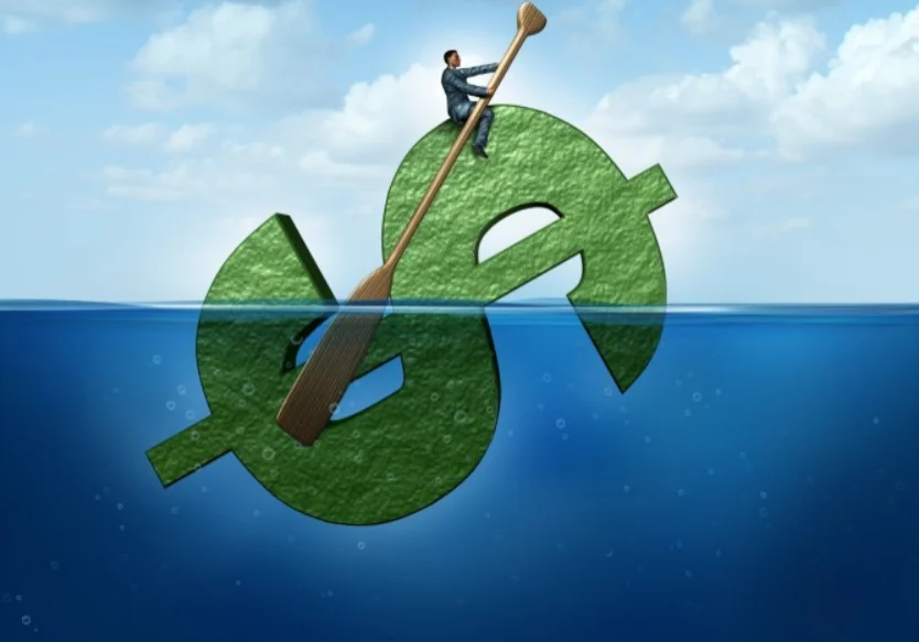 A person is paddling in the water with a dollar sign.